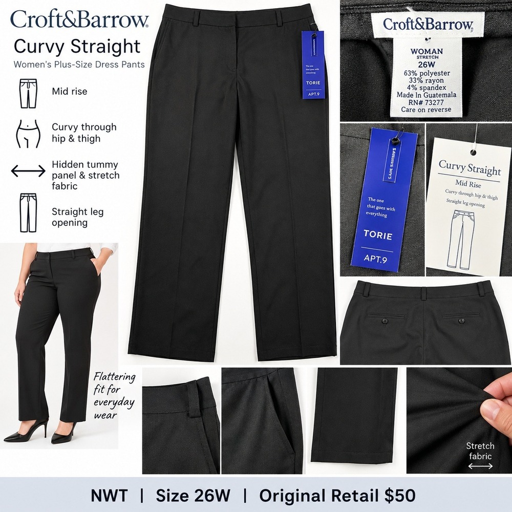 Croft & Barrow Curvy Straight Dress Pants Black 26W NWT WC53X906PSA